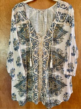 Lucky Brand Womens Peasant Blouse Boho 3/4 Sleeve Shirt Cotton Blend - 2X